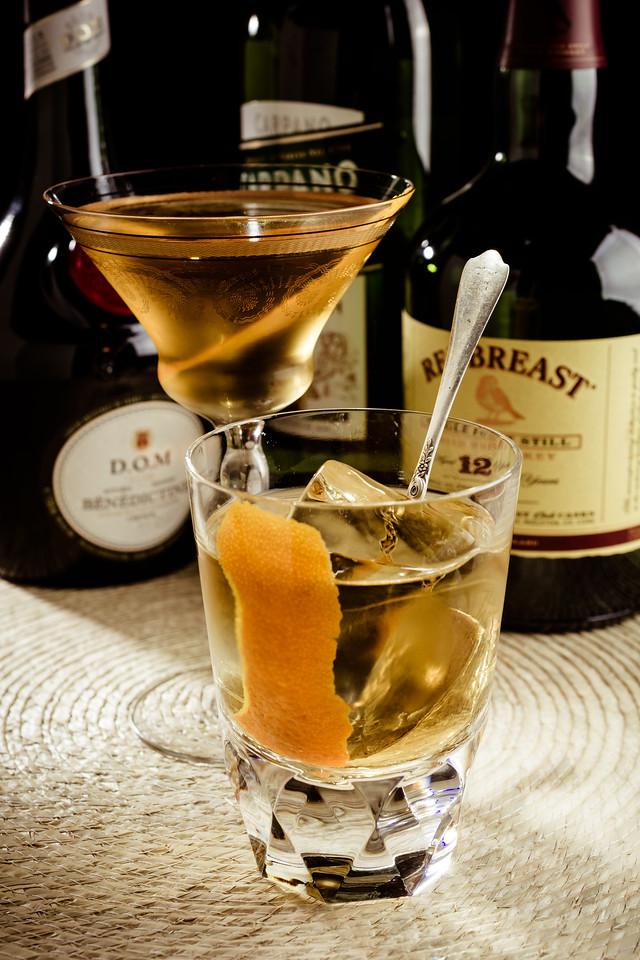 The Brainstorm Cocktail—the modern stem glass version, and the original rocks glass version, with small bar spoon for stirring. Photo © 2017 Douglas M. Ford. All rights reserved.